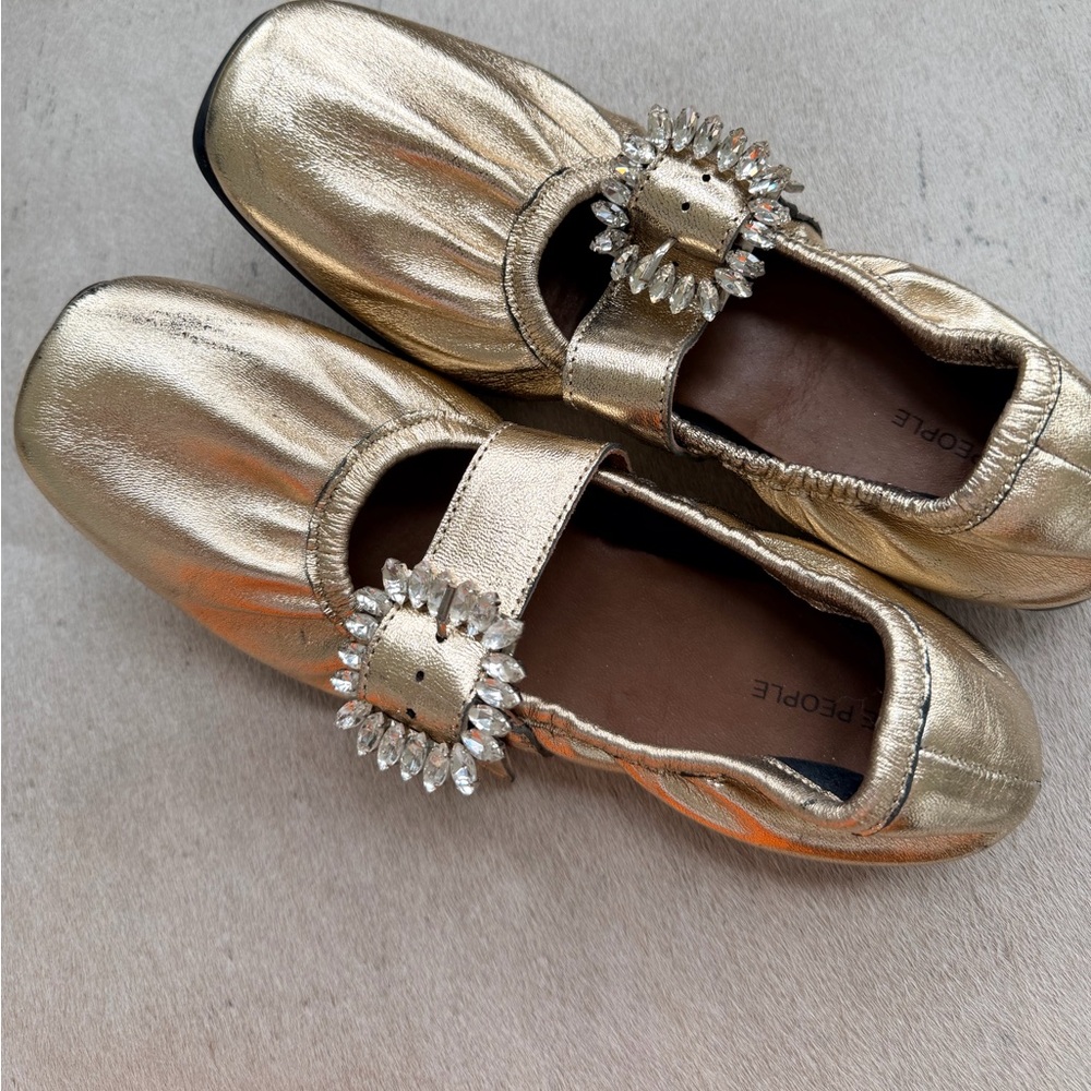Free People Shimmery Gold Ballet Flats with Rhinestone Strap